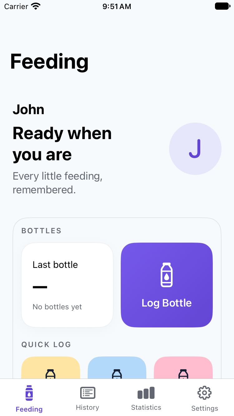 SippyLog feeding screen showing bottle logging controls